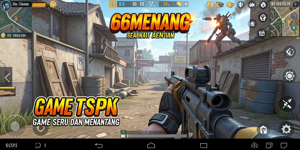 Screenshot gameplay 66MENANG menampilkan aksi tembak-menembak yang intens.