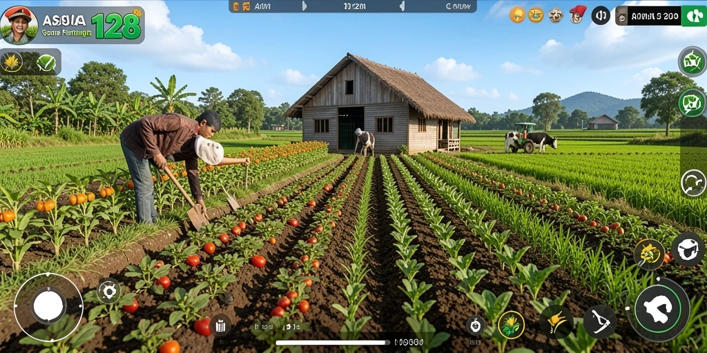 Tangkapan layar ASIA128 menampilkan kegiatan pertanian yang seru.
