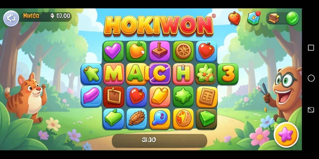 Tampilan gameplay seru HOKIWON dengan elemen Match-3 yang menarik.