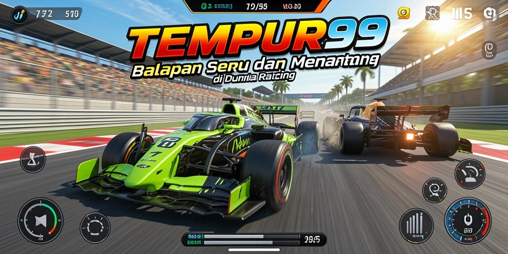 Tampilan gameplay seru di TEMPUR99 saat balapan berlangsung.