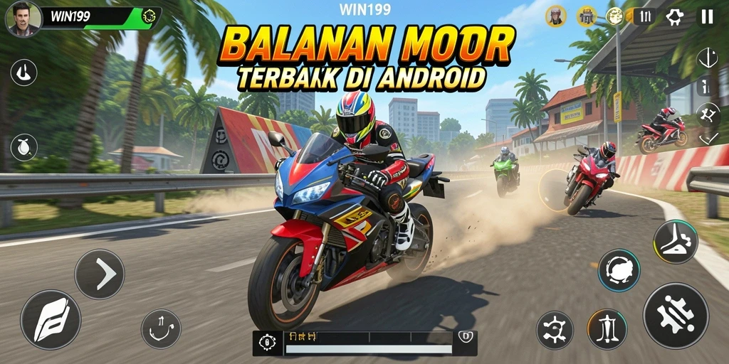 Screenshot gameplay WIN199 menampilkan balapan motor yang epik dan penuh aksi.
