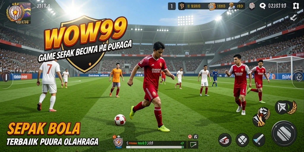 Screenshot gameplay WOW99 menampilkan aksi seru di lapangan sepak bola.